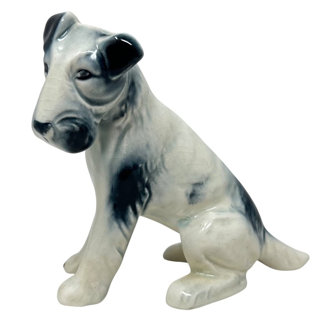 Dog Fox Terrier Cermic Sitting Figurine‎ Black White 5.38" Tall Vintage - READ